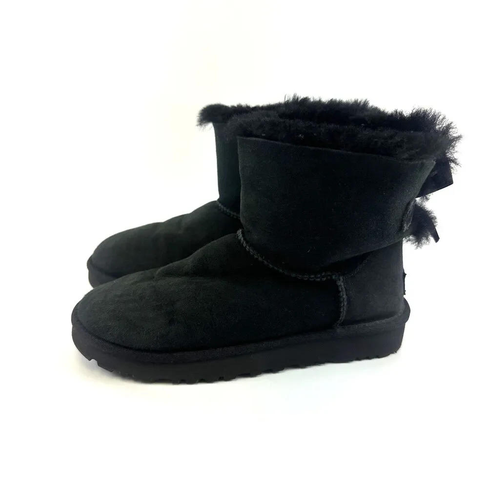 Ugg Mini Bailey Bow II Boot Ankle Black Suede Sheepskin Lined 1016501 Womens 6